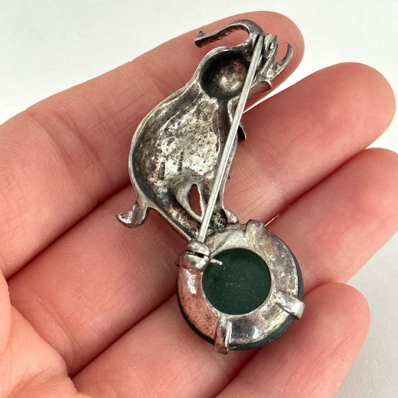 Vintage 925 Sterling Silver Marcasite Elephant Green Onyx Animal Brooch Pin - Picture 11 of 11